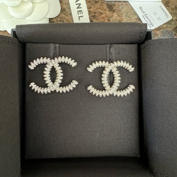 CHANEL Jewelry - Chanel oversized logo earrings silver crystal pierced earrings with box